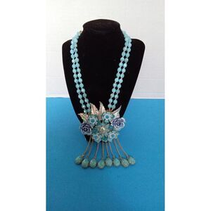 Beaded‎ Statement Necklace Turquoise Blue Floral Cluster Dangle Bib